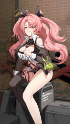  1girl absurdres bare_shoulders black_jacket black_ribbon black_shorts black_thighhighs blush breasts brick_wall chain-link_fence cleavage clothing_cutout commentary copyright_name feet_out_of_frame fence green_eyes grin hair_ornament hair_ribbon hairclip highres jacket large_breasts long_hair long_sleeves looking_at_viewer micro_shorts midriff mole mole_on_breast mole_under_eye navel nicole_demara open_clothes open_jacket pink_hair ribbon shorts shoulder_cutout single_thighhigh sitting smile solo stomach strapless thighhighs thighs tube_top two_side_up very_long_hair xianchu zenless_zone_zero  rating:Sensitive score:8 user:danbooru