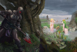  1boy 2girls ass axe bald bathing bikini blonde_hair blood_on_axe breasts elf fantasy flower glowing glowing_eyes green_hair hair_flower hair_ornament holding holding_axe long_hair looking_at_another medium_breasts multiple_girls nature original outdoors pointy_ears red_eyes shield swimsuit sword topless_male tree wading water weapon yugen99 