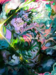  1boy black_eyes black_hair blood blood_on_face boku_no_hero_academia cape crying crying_with_eyes_open english_text green_shirt highres injury lightning male_focus midoriya_izuku multicolored_background open_mouth orokudesu red_cape shirt short_hair solo tears teeth torn_cape torn_clothes upper_teeth_only 