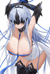  1girl absurdres alsace_(azur_lane) armored_legwear armpits arms_up azur_lane bare_shoulders bent_over between_breasts black_gloves black_thighhighs black_tiara blue_hair blush bound bound_wrists breast_strap breastless_clothes breasts cleavage collarbone commentary_request covered_eyes cowboy_shot detached_collar dress eye_mask gauntlets gloves hair_between_eyes hanging_breasts highres huge_breasts leaning_forward long_hair parted_bangs parted_lips partial_commentary presenting_armpit restrained revealing_clothes ribbon sidelocks simple_background skindentation skyfracture solo standing strap_between_breasts sweat thighhighs tiara very_long_hair white_background white_dress 