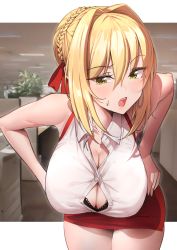 1girl ahoge bare_shoulders black_bra blonde_hair blush bra braid breasts cleavage collarbone collared_shirt earrings fate/extra fate_(series) french_braid green_eyes hair_between_eyes hair_bun hair_intakes hair_ribbon hands_on_own_hips highres hoop_earrings jewelry k_pring large_breasts leaning_forward long_hair looking_at_viewer nero_claudius_(fate) nero_claudius_(fate)_(all) nero_claudius_(fate/extra) office_lady open_mouth pencil_skirt red_ribbon red_skirt ribbon shirt single_hair_bun skirt sleeveless sleeveless_shirt solo thighs underwear white_shirt rating:Sensitive score:111 user:danbooru
