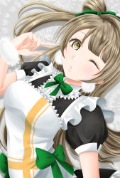  1girl absurdres apron artist_name artist_request bakka_moon blush bow breasts brown_eyes brown_hair dress earrings female_focus green_bow grey_hair hair_bow highres jewelry light_brown_hair long_hair love_live! love_live!_school_idol_project maid maid_apron maid_cap maid_headdress medium_breasts minami_kotori mogyutto_&quot;love&quot;_de_sekkin_chuu! one_eye_closed parted_lips pom_pom_(clothes) pom_pom_earrings ponytail puffy_short_sleeves puffy_sleeves short_sleeves side_ponytail solo 