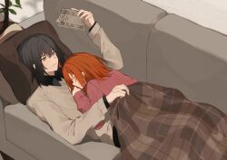  1boy 1girl ahoge alternate_costume black_hair book closed_eyes couch fate/grand_order fate_(series) fujimaru_ritsuka_(female) grey_eyes highres holding holding_book long_sleeves lying medium_hair oberon_(fate) on_couch on_stomach orange_hair pink_sweater plaid_blanket reading romo827 shirt sleeping sleeping_on_person sweater under_covers 