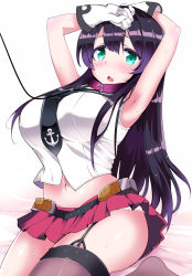  10s 1girl agano_(kancolle) anchor_symbol armpits arms_up belt black_hair blush breasts choker collar commentary_request garter_straps gloves green_eyes highres kantai_collection large_breasts long_hair looking_at_viewer miniskirt navel necktie open_mouth red_skirt sasago_kaze school_uniform serafuku skirt solo thighhighs white_gloves 