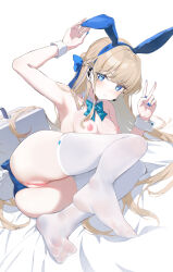  1girl absurdres animal_ears anus aqua_bow aqua_bowtie armpits ass bare_shoulders blue_archive blue_eyes blue_hairband blue_leotard bow bowtie breasts cleft_of_venus detached_collar earpiece fake_animal_ears fake_tail feet foreshortening hairband haku89 halo highleg highleg_leotard highres legs leotard long_hair looking_at_viewer medium_breasts nipples no_shoes official_alternate_costume playboy_bunny pussy rabbit_ears rabbit_tail soles solo spread_toes strapless strapless_leotard tail thighhighs thighs toes toki_(blue_archive) toki_(bunny)_(blue_archive) uncensored v very_long_hair white_thighhighs white_wrist_cuffs wrist_cuffs  rating:Explicit score:124 user:danbooru