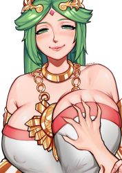 1girl armpit_crease artist_name blush grabbing_another&#039;s_breast breasts closed_mouth collarbone commentary covered_erect_nipples deep_skin english_commentary eyelashes forehead_jewel gem grabbing green_eyes green_hair groping groping guided_breast_grab guiding_hand highres huge_breasts jewelry kid_icarus laurel_crown lips long_hair looking_at_viewer mariezone nintendo palutena pov pov_hands puckered_lips puffy_nipples shiny_skin sidelocks solo_focus strapless upper_body rating:Sensitive score:222 user:danbooru