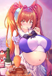  1girl animal_ears arm_support big_belly black_bow black_neckwear blush bottle bow breasts breasts_apart carrot collared_shirt cowboy_shot cup daiwa_scarlet_(umamusume) eating food fork glass hair_bow highres hikotou_(sao73cat) horse_ears horse_girl horseshoe_ornament huge_breasts inflation long_hair looking_at_viewer midriff milk navel orange_eyes orange_hair pancake parfait pout red_bow school_uniform shirt skirt solo stomach tiara tracen_school_uniform twintails umamusume undersized_clothes very_long_hair white_skirt  rating:Questionable score:37 user:Parcheliam