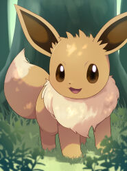  :d brown_eyes commentary_request creatures_(company) day eevee game_freak gen_1_pokemon grass highres nintendo no_humans open_mouth outdoors pokemon pokemon_(creature) rumine_(yoshi1234567) smile solo standing tree 