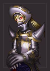  1boy armlet armor blonde_hair blue_pants dark_knight_(fft) dark_knight_(final_fantasy) final_fantasy final_fantasy_tactics gauntlets getaro grey_armor helm helmet highres holding holding_weapon looking_at_viewer pants ponytail ramza_beoulve red_eyes shoulder_spikes simple_background solo spiked_armlet spiked_elbow_pads spikes sword upper_body weapon 