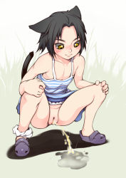 1girl animal_ears bare_arms bare_shoulders black_hair blush brown_eyes cat_ears cat_tail cleft_of_venus closed_mouth dress fat_mons female_focus full_body green_eyes j7w loli looking_down original panties panties_around_leg peeing pussy shoes sleeveless sleeveless_dress solo squatting striped_clothes striped_dress tail uncensored underwear white_panties rating:Explicit score:76 user:Domestic_Importer