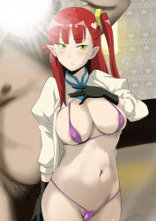  1boy 1girl breasts clothed_female_nude_male fat fat_man large_breasts minpei_ichigo nude red_hair 