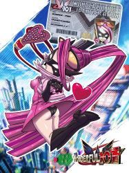 1girl absurdres ass boots breasts city domino_mask dress elbow_gloves from_behind gloves heart highres id_card long_hair looking_at_viewer mask pink_hair ponytail shiny_clothes shiny_skin short_dress sideboob skin_tight smile solo the_ch the_wonderful_101 very_long_hair wonder_pink 