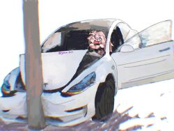  1girl blue_eyes bocchi_the_rock! car car_crash commentary cube_hair_ornament driving english_commentary gotoh_hitori hair_ornament highres long_hair motor_vehicle open_mouth pink_hair simple_background solo steering_wheel tesla_(company) twitter_username watermark white_background yunie_suu 