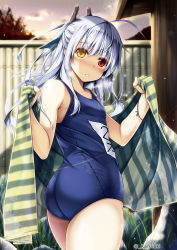  1girl ass blush breasts cowboy_shot from_side grey_hair heterochromia highres kai_yuuki long_hair looking_at_viewer original outdoors school_swimsuit small_breasts solo swimsuit towel 