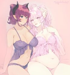  2girls ahoge artist_name blush breasts commentary english_commentary highres horns large_breasts mole mole_on_breast mole_under_mouth multiple_girls navel open_mouth original parted_lips pink_eyes pink_hair plump pointy_ears purple_eyes red_hair roarke_(lavenderincubus) short_hair sitting teeth yuri  rating:Sensitive score:81 user:danbooru