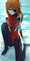  1girl absurdres blue_eyes bodysuit breasts brown_hair collarbone covered_navel evangelion:_3.0_you_can_(not)_redo expressionless eyepatch headgear highres knee_up long_hair looking_at_viewer multicolored_bodysuit multicolored_clothes neon_genesis_evangelion one_eye_covered pilot_suit plugsuit rebuild_of_evangelion sitting skin_tight small_breasts solo souryuu_asuka_langley water yd_(orange_maru) 