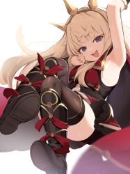  1girl :d absurdres arm_up armpits black_footwear black_theme blonde_hair blunt_bangs boots bracer cagliostro_(granblue_fantasy) cape chocpocalypse commentary crown english_commentary full_body gold_trim granblue_fantasy hairband highres long_hair looking_at_viewer open_mouth purple_eyes shoe_soles simple_background smile solo spiked_hairband spikes thighhighs thighs white_background  rating:Sensitive score:28 user:danbooru