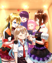  &gt;_&lt; 5girls =_= absurdres arched_bangs black_choker black_dress black_gloves black_necktie blonde_hair blue_bow blue_bowtie blue_eyes blue_hair blunt_bangs blurry bow bowtie breast_pocket breasts brown_hair choker chromatic_aberration cleavage closed_eyes closed_mouth collared_shirt colored_inner_hair colored_tips commentary_request cropped_jacket detached_sleeves dress fishnet_thighhighs fishnets gloves green_hair hair_between_eyes hair_rings heart highres holding_makeup_brush hug idol idol_clothes indoors jelee-chan jellyfish_hair_ornament kouzuki_mahiru layered_skirt light_brown_hair long_hair mole mole_on_stomach multicolored_hair multiple_girls mutsuki_(mutsuki0110) nail_polish necktie one_side_up open_mouth pink_hair pink_nails plaid_clothes plaid_skirt pocket puffy_short_sleeves puffy_sleeves purple_hair red_eyes red_necktie red_skirt shirt shirt_partially_tucked_in short_sleeves sidelocks signature skindentation skirt stomach strapless strapless_dress streaked_hair takanashi_kim_anouk_mei teeth thighhighs upper_teeth_only watase_kiui white_shirt yamanouchi_kano yoru_no_kurage_wa_oyogenai zettai_ryouiki 