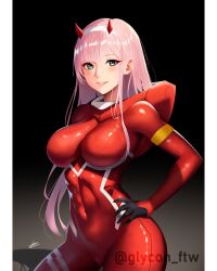 1girl artist_request black_background blush breasts darling_in_the_franxx gradient_background green_eyes grey_background hand_on_own_hip horns large_breasts lips long_hair pink_hair plugsuit red_eyes smile teeth zero_two_(darling_in_the_franxx)