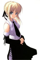  00s adapted_costume artoria_pendragon_(all) artoria_pendragon_(fate) black_necktie blonde_hair blouse braid braided_bun collared_shirt detached_sleeves fate/stay_night fate_(series) hair_bun necktie own_hands_together saber_(fate) shingo_(missing_link) shirt simple_background solo standing third-party_edit white_background white_shirt  rating:Sensitive score:2 user:danbooru
