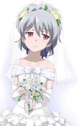  1girl bare_shoulders blush bouquet bow darker_than_black dress elbow_gloves female_focus flower gloves hair_ribbon jewelry lowres necklace ponytail purple_eyes ribbon rose silver_hair solo veil wedding_dress white_gloves yin_(darker_than_black)  rating:Sensitive score:8 user:cuteinnocentdoll