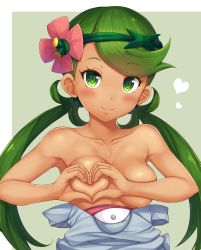 1girl armpits bare_shoulders blush breasts closed_mouth collarbone creatures_(company) dark-skinned_female dark_skin female_focus flower game_freak green_background green_eyes green_hair hair_flower hair_ornament heart heart-shaped_boob_challenge heart_hands highres long_hair low_twintails mallow_(pokemon) medium_breasts nintendo pokemon pokemon_sm smile solo swept_bangs topless topless_frame twintails two-tone_background upper_body white_background yuki_usagi_(snowcanvas) rating:Questionable score:150 user:danbooru