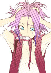  1girl absurdres alternate_eye_color arm_warmers armpits arms_up bare_shoulders blouse blue_eyes breasts cleavage forehead forehead_protector hand_on_head haruno_sakura headband highres konohagakure_symbol looking_at_viewer medium_breasts messy_hair mouth_hold naruto_(series) naruto_shippuuden no_bra open_clothes open_shirt pink_hair polka_dot polka_dot_shirt red_shirt sagatsune screentone shirt short_hair simple_background sleeveless sleeveless_shirt solo unzipped upper_body vest white_background zipper  rating:Questionable score:52 user:danbooru