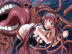 airi_(queen&#039;s_blade) bent_over black_legwear blush clothing_aside green_eyes huge_tongue licking long_hair maid molestation monster one_eye_closed open_mouth panties panties_aside queen&#039;s_blade red_hair ss-brain sweat tears tentacles thighhighs tongue torn_clothes twintails underwear white_panties wince wink  rating:Explicit score:125 user:yap