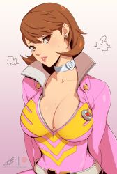  1girl arms_behind_back belt bodysuit breasts brown_eyes brown_hair cape choker cleavage collarbone commentary earrings eightyfourart english_commentary gradient_background hair_behind_ear hair_between_eyes heart heart_choker highres jewelry large_breasts long_sleeves looking_at_viewer official_alternate_costume parted_lips patreon_username persona persona_3 persona_4:_the_ultimate_in_mayonaka_arena persona_4:_the_ultimax_ultra_suplex_hold pink_bodysuit pink_cape pink_lips popped_collar puff_of_air sentai short_hair skin_tight solo stud_earrings sweat sweatdrop takeba_yukari upper_body white_belt white_choker 