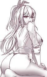 1girl :d ass breasts disgustingtokki from_behind goddess_of_victory:_nikke greyscale hair_between_eyes heart_pasties large_breasts long_hair looking_at_viewer looking_back monochrome open_mouth pasties ponytail rupee_(nikke) shirt sketch smile solo