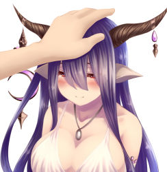 1girl bare_shoulders blush breasts cleavage closed_mouth collarbone crescent danua draph dress granblue_fantasy hair_between_eyes horn_ornament horns jewelry koko_(koko3) large_breasts long_hair looking_at_viewer necklace pointy_ears purple_hair red_eyes smile upper_body white_dress rating:Sensitive score:18 user:danbooru
