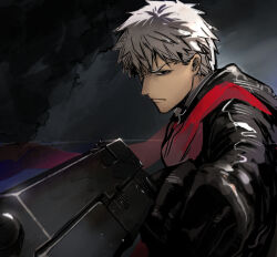  1boy archer_(fate) black_gloves cape dark-skinned_male dark_skin fate/grand_order fate_(series) frown gloves gun handgun holding holding_gun holding_weapon long_sleeves looking_at_viewer male_focus nishiide_kengorou red_cape shirt short_hair solo upper_body weapon white_hair 