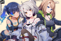  3girls bad_id bad_twitter_id breast_tattoo camisole chest_jewel eunie_(xenoblade) fiery_hair fruit_punch glowing_lines green_hoodie head_wings hood hoodie jacket leather leather_jacket leggings mio_(xenoblade) multiple_girls sena_(xenoblade) shoulder_strap tank_top tattoo white_camisole white_tank_top white_wings wings xenoblade_chronicles_(series) xenoblade_chronicles_3 