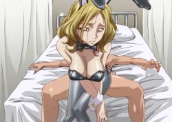 1girl animal_ears bare_shoulders bed blonde_hair blue_eyes bow bowtie breasts cleavage clothed_female_nude_male clothed_sex code_geass dark-skinned_male dark_skin detached_collar fake_animal_ears grey_pantyhose indoors kyabakurabakufu large_breasts legs leotard long_hair looking_back lying milly_ashford nude on_back pantyhose parted_lips pillow playboy_bunny rabbit_ears sex sitting sitting_on_person solo_focus thighs vaginal wrist_cuffs rating:Explicit score:49 user:Kentabarou