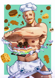  1boy :q absurdres apron bara beard blonde_hair cheese chef chef_hat cowboy_shot dated facial_hair food full_beard hairy hat highres ke_bu_ke_yi_se_se large_pectorals lgbt_pride looking_at_viewer male_focus mature_male muscular muscular_male naked_apron nipples original pectorals rainbow_cake seductive_smile smile solo sparse_chest_hair thick_arm_hair thick_eyebrows thick_navel_hair tongue tongue_out tsurime 