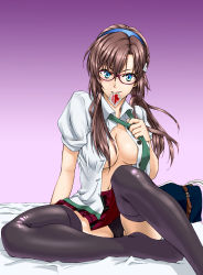 00s 1girl bed black_panties black_thighhighs blue_eyes breasts brown_hair condom condom_in_mouth evangelion:_2.0_you_can_(not)_advance glasses highres large_breasts long_hair looking_at_viewer makinami_mari_illustrious mouth_hold neon_genesis_evangelion open_clothes open_shirt panties pantyshot rebuild_of_evangelion school_uniform shirt simple_background sitting solo swimmer? thighhighs twintails underwear rating:Questionable score:27 user:danbooru