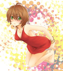      acome_(maltese) bare_shoulders barefoot blush bracelet breasts brief_(character) brown_hair cleavage cosplay costume_switch dress freckles genderswap green_eyes jewelry panties panty_&amp;_stocking_with_garterbelt panty_(cosplay) pixiv_thumbnail red_dress resized short_hair smile solo underwear  rating:Sensitive score:13 user:BlueBaroness