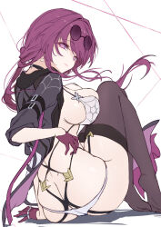  1girl ass black_jacket black_thighhighs bra breasts commentary eyewear_on_head from_behind garter_straps glasses gloves highres honkai:_star_rail honkai_(series) jacket kafka_(honkai:_star_rail) large_breasts long_hair looking_at_viewer looking_back pince-nez purple_eyes purple_gloves purple_hair sitting solo spider_web_print sunglasses thighhighs underwear white_bra xfate 