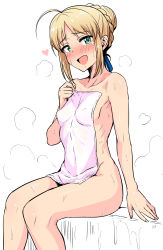 1girl artoria_pendragon_(fate) blonde_hair braid collarbone fate/stay_night fate_(series) green_eyes heart highres looking_at_viewer naked_towel nude open_mouth saber_(fate) simple_background sitting smile solo steam sweat towel tsurui rating:Questionable score:83 user:danbooru