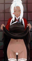  &gt;_o 1girl breasts china_dress chinese_clothes clothes_lift colored_pubic_hair dark-skinned_female dark_elf dark_skin dress dress_lift elf female_pubic_hair frills heart highres large_breasts lips long_hair michael_f91 navel nipples no_bra no_panties one_eye_closed pointy_ears pubic_hair skirt skirt_lift smile solo thighhighs white_hair white_thighhighs wink yellow_eyes  rating:Explicit score:69 user:danbooru