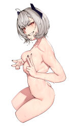  1girl :d ahoge ass black_nails blush braid breasts collarbone completely_nude cropped_legs deep_skin double_v fingernails from_side grey_hair grin groin half-closed_eyes hand_up highres horns indie_virtual_youtuber long_fingernails looking_at_viewer mechanical_horns medium_breasts medium_hair navel nipples nude open_mouth orange_eyes rat_huang red_eyes saruei_(vtuber) scar scar_across_eye short_hair simple_background smile solo stomach sweat teeth v virtual_youtuber wet_face white_background 