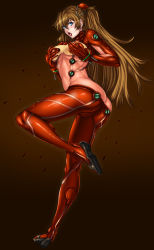 1girl alternate_breast_size asagiri ass blue_eyes blush bodysuit breasts brown_hair butt_crack cameltoe covered_navel covering_privates covering_breasts curvy evangelion:_2.0_you_can_(not)_advance full_body huge_ass lips long_hair looking_at_viewer multicolored_bodysuit multicolored_clothes neon_genesis_evangelion plugsuit rebuild_of_evangelion red_bodysuit shiny_clothes shiny_skin simple_background skin_tight solo souryuu_asuka_langley sweat test_plugsuit tsundere two_side_up very_long_hair wide_hips