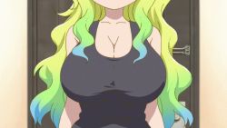 10s 1girl animated animated_gif aqua_hair bouncing_breasts breasts cleavage green_hair huge_breasts kobayashi-san_chi_no_maidragon long_hair lucoa_(maidragon) solo rating:Questionable score:149 user:lordroticiv