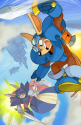  1girl 2boys animal_ears armor awd! axel_gear flying goggles goggles_on_head helmet multiple_boys princess_sherry rocket_knight_adventures snout sparkster sword tail thrusters weapon 