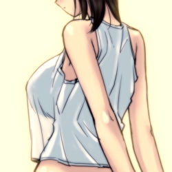  1girl arms_behind_back bare_shoulders black_hair breasts brown_hair from_behind head_out_of_frame huge_breasts large_breasts long_hair magaki_ryouta original see-through shirt short_hair solo  rating:Questionable score:52 user:danbooru