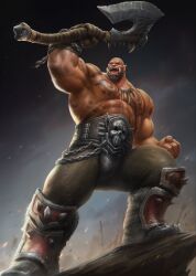  1boy 6suan abs axe bald bara battle_axe beard biceps bulge clenched_hand crotch_plate dark-skinned_male dark_skin facial_hair garrosh_hellscream highres holding holding_axe jewelry large_feet large_hands large_pectorals male_focus mature_male monster_boy muscular muscular_male navel navel_hair necklace nipples nose_piercing nose_ring orc pants pectorals piercing pointy_ears short_hair shouting sideburns skull solo stomach tattoo thick_arms thick_thighs thighs tooth_necklace topless_male tribal tribal_tattoo tusks veins veiny_arms warcraft weapon world_of_warcraft  rating:Sensitive score:2 user:danbooru