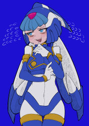 1girl absurdres android arm_between_breasts between_breasts blue_background blue_eyes blue_footwear blue_helmet boots breasts buzzlyears commentary covered_navel crop_top crotch_plate fairy_leviathan_(mega_man) fangs helmet highres looking_to_the_side medium_breasts mega_man_(series) mega_man_zero_(series) nervous nervous_sweating ringed_eyes simple_background solo sweat thigh_boots upper_body 