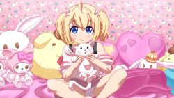 1girl ahoge animal bag bed blonde_hair blue_eyes blush cat cinnamoroll cloud cupcake diaper doughnut food game_cg hair_ornament happy heart heart-shaped_pillow holding loli looking_at_viewer messy_academy miki_wallenberg my_melody off_shoulder onegai_my_melody original pig_tail pillow pink_background pink_skirt plaid plaid_skirt pompompurin rabbit sanrio shirt short_hair short_sleeves sitting skirt smile star_(symbol) star_hair_ornament stuffed_animal stuffed_dog stuffed_rabbit stuffed_toy tail thighs twintails unicorn upskirt white_shirt rating:Questionable score:32 user:Messy_Studios