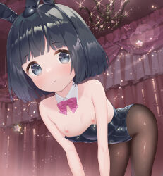 1girl animal_ears ass bare_shoulders bent_over black_hair black_pantyhose blue_eyes blunt_bangs bow bowtie breasts breasts_out covered_navel curtains detached_collar fake_animal_ears female_focus highleg highleg_leotard highres indoors leaning_forward leotard loli looking_at_viewer makigai makino_yume nipple_slip nipples original pantyhose playboy_bunny rabbit_ears shiny_clothes short_hair small_breasts solo strapless strapless_leotard thighs rating:Questionable score:239 user:danbooru