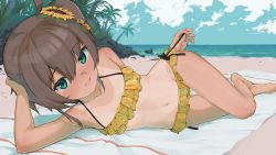  1girl absurdres ahoge aqua_eyes barefoot beach bikini black_bow blue_sky blush bow brown_hair commentary fang female_focus flower full_body hair_between_eyes hair_flower hair_ornament halterneck hand_on_own_head head_rest highres hololive legs loli looking_at_viewer lying mat medium_hair natsuiro_matsuri natsuiro_matsuri_(hololive_summer_2019) on_side one-piece_tan open_mouth orange_bikini outdoors paid_reward_available palm_tree recklessdraw sand side_ponytail skin_fang sky solo sunflower sunflower_hair_ornament swimsuit tan tanline toes tree virtual_youtuber water  rating:Sensitive score:385 user:danbooru